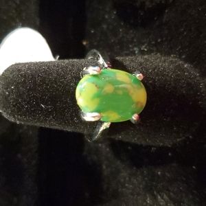 Green Oval Silver Ring Size 6